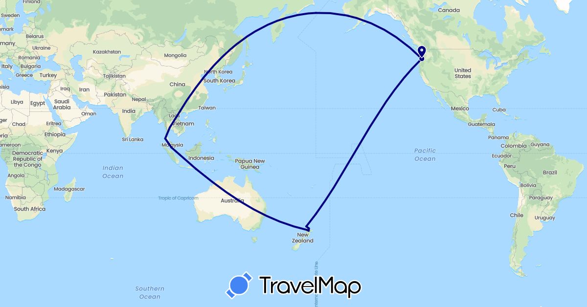 TravelMap itinerary: driving in Indonesia, Malaysia, New Zealand, Thailand, United States (Asia, North America, Oceania)